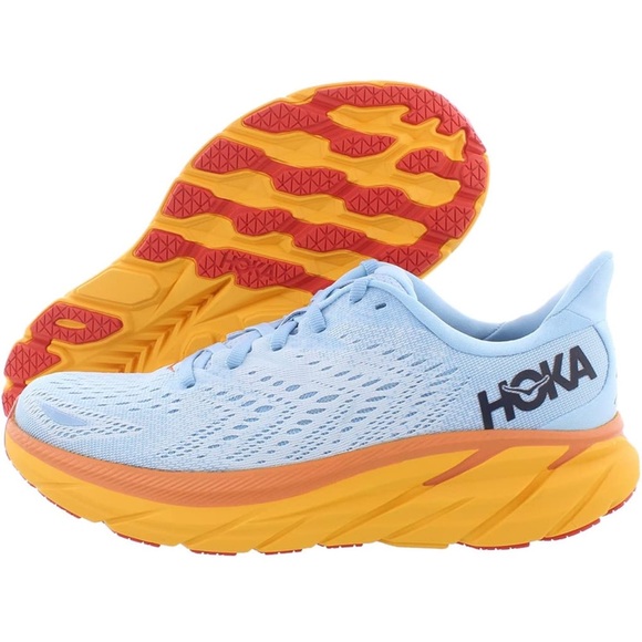 Hoka Shoes - Hoka Clifton 8 Baby Blue and Orange Sole Sneakers in 8.5